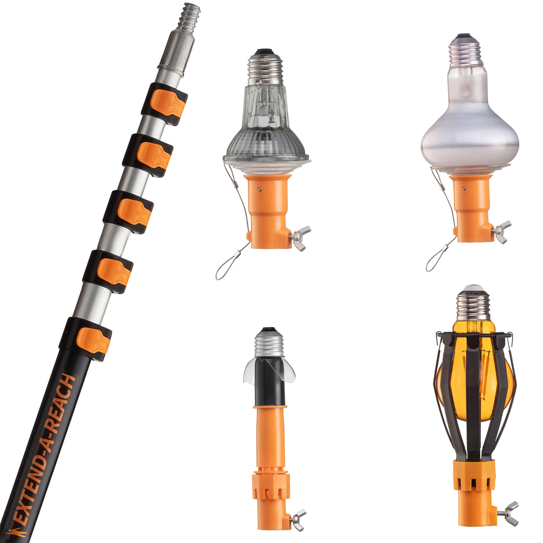 Extend-A-Reach 24 ft telescoping extension pole, with multiple attachments – includes 2.5'' & 3.25'' suction cup bulb changers, basket bulb changer, and broken bulb remover - designed for safe high ceiling light bulb replacement.