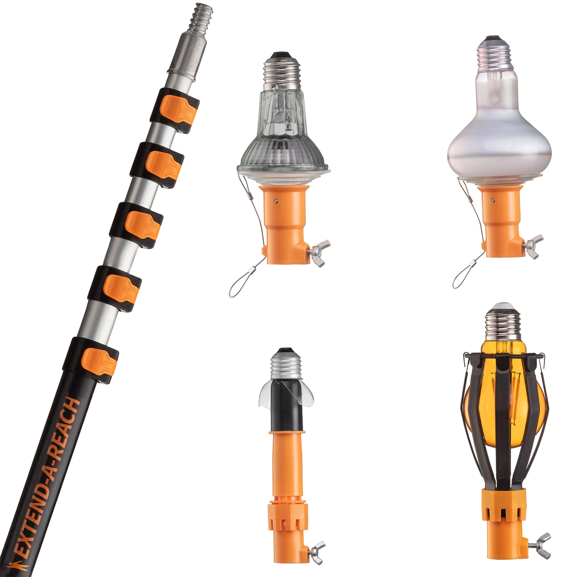 Extend-A-Reach 24 ft telescoping extension pole, with multiple attachments – includes 2.5'' & 3.25'' suction cup bulb changers, basket bulb changer, and broken bulb remover - designed for safe high ceiling light bulb replacement.