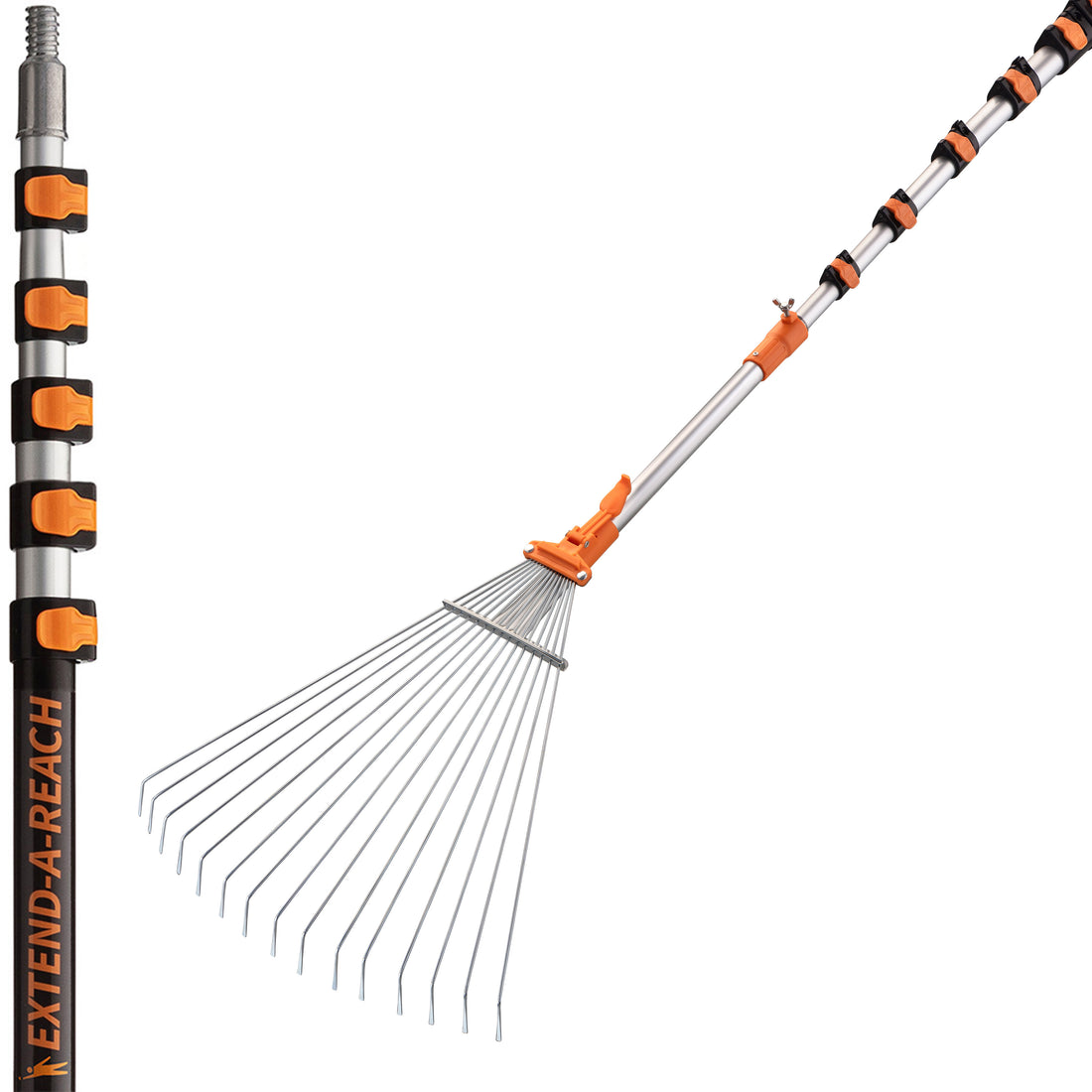 Extend-A-Reach 24 ft telescoping extension pole with adjustable metal leaf rake head. Extendable roof rake for leaves, pine needles, and roof cleaning.