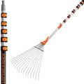 Extend-A-Reach 24 ft telescoping extension pole with adjustable metal leaf rake head. Extendable roof rake for leaves, pine needles, and roof cleaning.