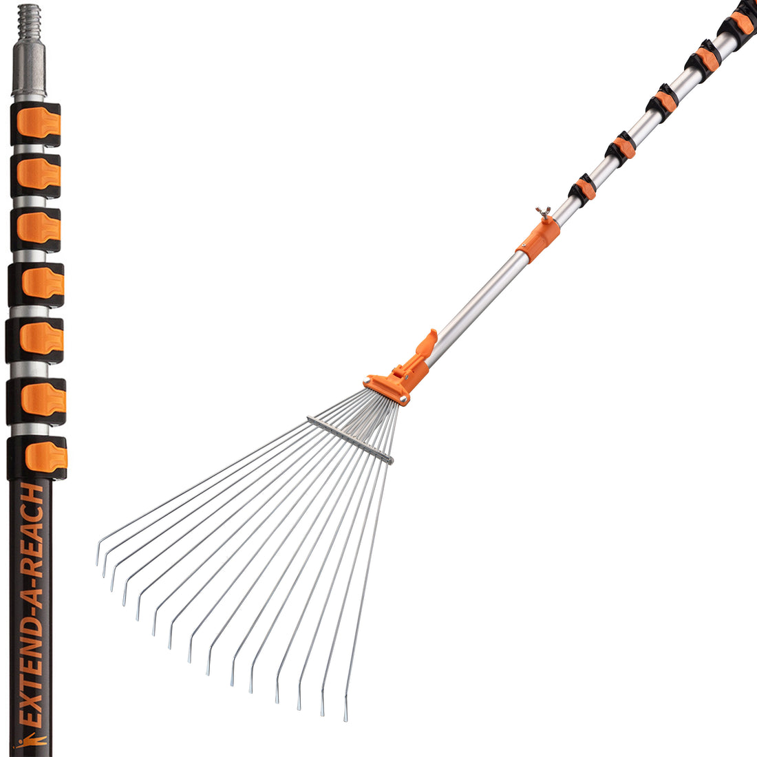 Extend-A-Reach 30 ft telescoping extension pole with adjustable metal leaf rake head. Extendable roof rake for leaves, pine needles, and roof cleaning.