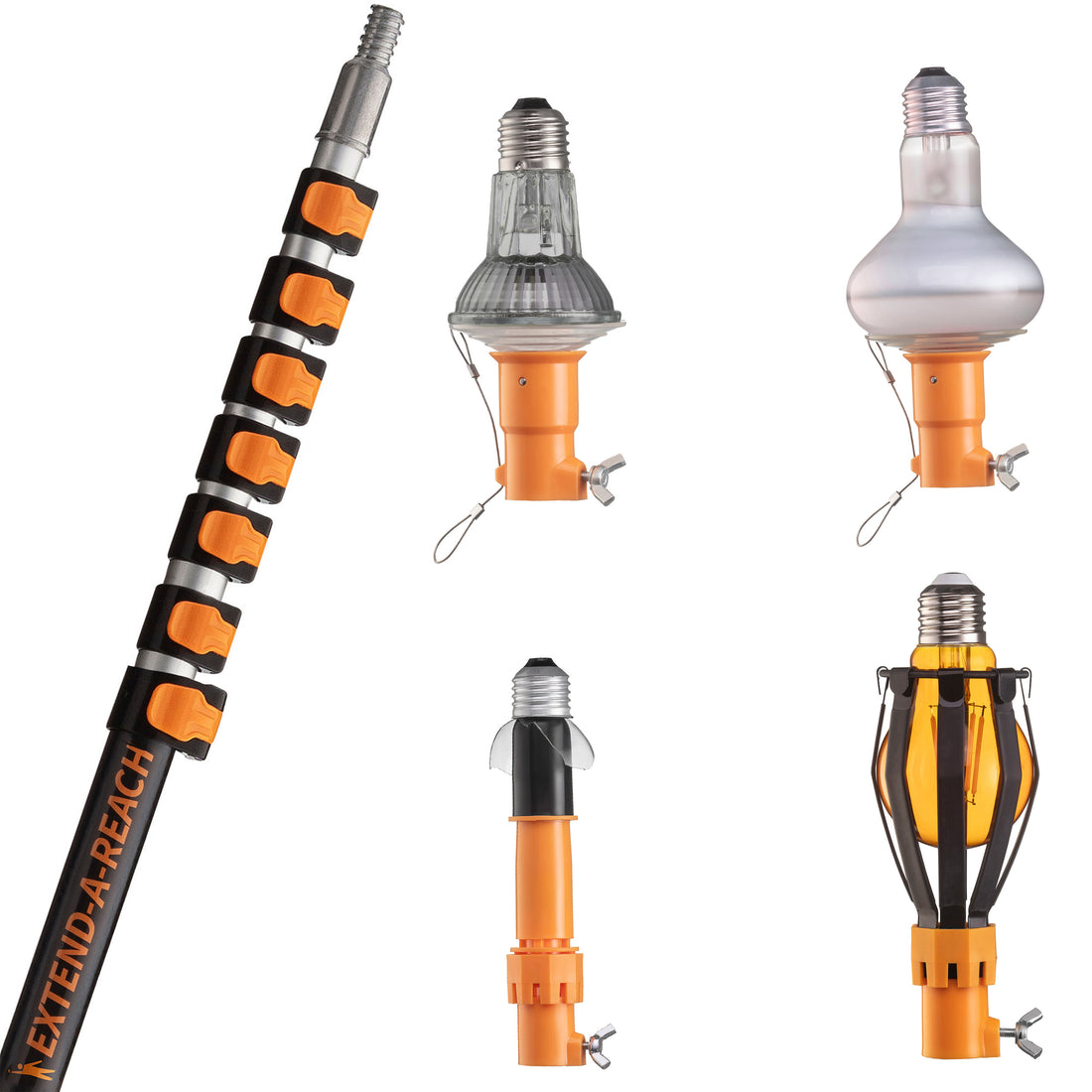 Extend-A-Reach 30 ft telescoping extension pole, with multiple attachments – includes 2.5'' & 3.25'' suction cup bulb changers, basket bulb changer, and broken bulb remover - designed for safe high ceiling light bulb replacement.