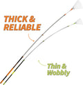 Comparison showing Extend-A-Reach 12 ft telescoping roof rake labeled ‘Thick & Reliable’ vs a competitor’s thin pole labeled ‘Thin & Wobbly.’