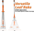 Extend-A-Reach versatile leaf rake attachment, width adjustable 5.5–16 in. Text: ‘Versatile Leaf Rake – Width Adjustable! For Small Spaces & Wide Coverage’.