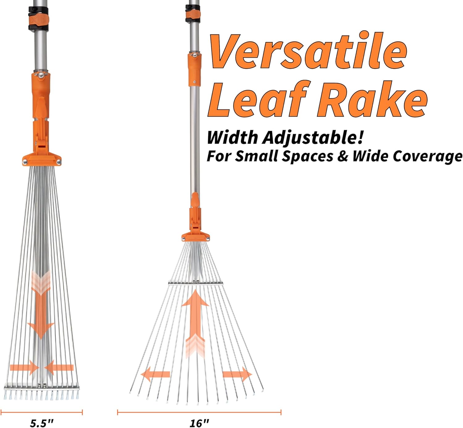 Extend-A-Reach versatile leaf rake attachment, width adjustable 5.5–16 in. Text: ‘Versatile Leaf Rake – Width Adjustable! For Small Spaces & Wide Coverage’.