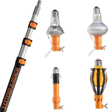 Extend-A-Reach 12 ft telescoping extension pole, with multiple attachments – includes 2.5'' & 3.25'' suction cup bulb changers, basket bulb changer, and broken bulb remover - designed for safe high ceiling light bulb replacement.