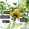Close-up of Extend-A-Reach telescopic apple picker pole harvesting green apples, featuring a sturdy metal basket with foam pad, double lock for extra tightening, and extended threading for secure attachment. Text on image highlights: ‘Fruit Picker Basket,’ ‘Foam Pad,’ ‘Double Lock for Extra Tightening,’ and ‘Extended Threading