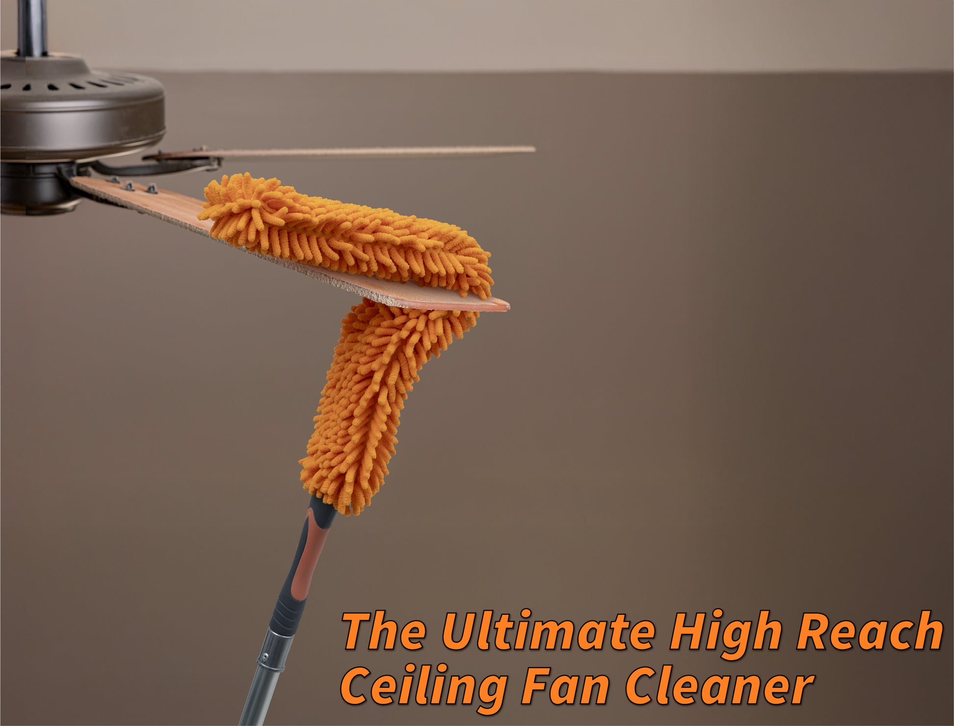 Extend-A-Reach ceiling fan duster with microfiber chenille head attached to a telescoping extension pole, cleaning the top and bottom of dusty ceiling fan blades at high reach. Text on image reads: ‘The Ultimate High Reach Ceiling Fan Cleaner.’ Perfect extendable ceiling fan blade cleaner for high ceilings and hard-to-reach areas.