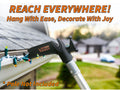 Extend-A-Reach utility hook attached to a telescoping extension pole, hanging Christmas lights along a roofline. The image features the text “REACH EVERYWHERE! Hang With Ease, Decorate With Joy” and “Pole Not Included.” This light hanging pole setup is ideal for Christmas light hanging using an extendable pole with a utility hook to access high, hard-to-reach areas