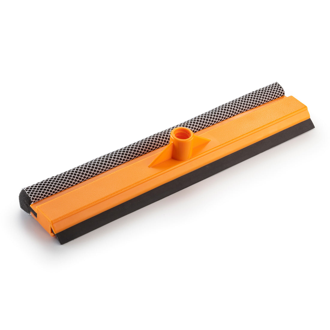 Close-up of the Extend-A-Reach window squeegee head, featuring a vibrant orange body with a durable black rubber blade for streak-free results and a mesh-wrapped sponge for effective scrubbing. Designed to fit telescoping extension poles, it’s perfect for high window cleaning, car windshields, RVs, trucks and solar panels.