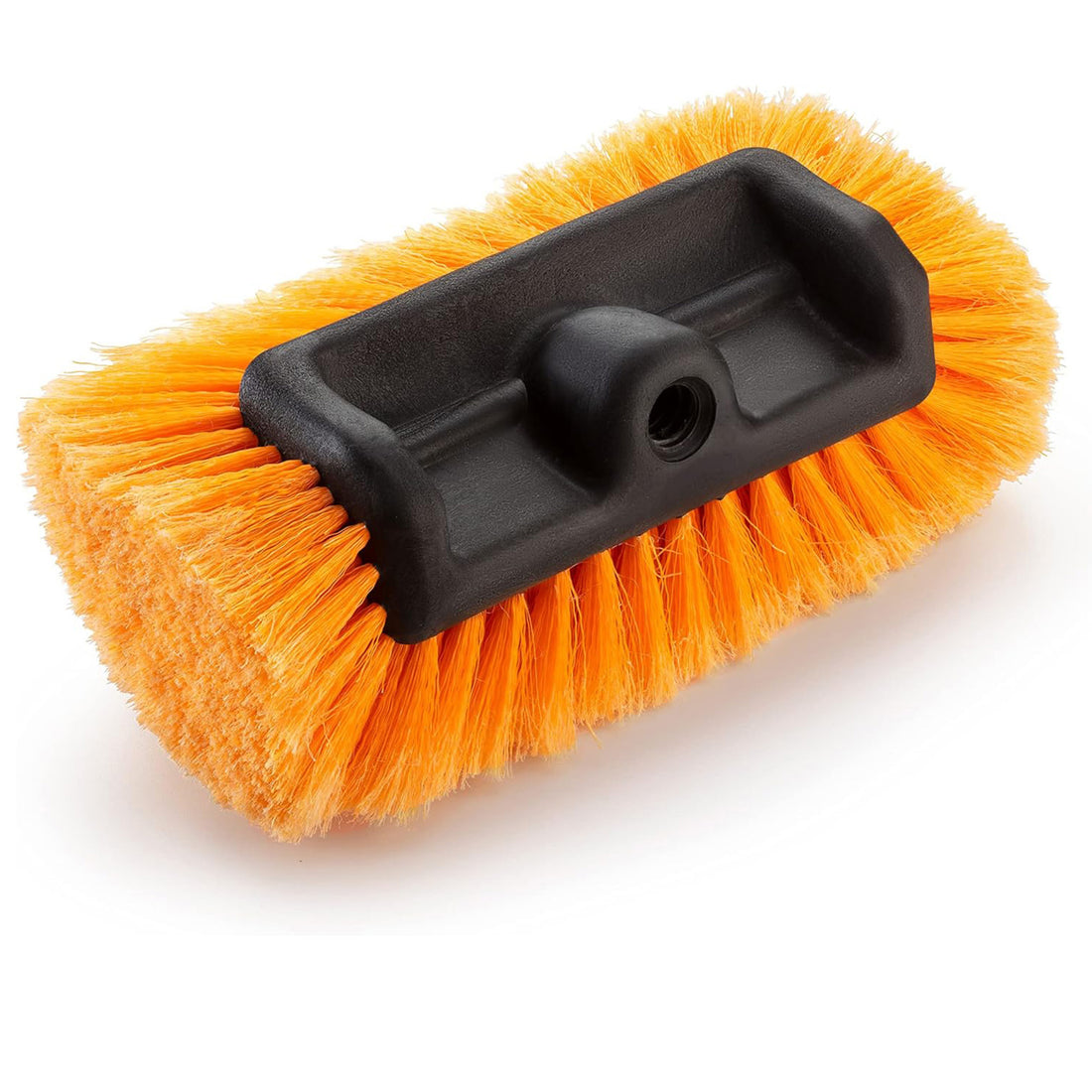 Extend-A-Reach soft bristle scrub brush with orange bristles, attaches to extension pole for cleaning log walls, siding, cars, RVs, and boats.