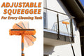 Extend-A-Reach adjustable window squeegee and scrubber with telescoping extension pole, shown cleaning a glass balcony panel. Dual-head design rotates for multiple cleaning angles. Text on image reads: ‘Adjustable Squeegee – For Every Cleaning Task.’