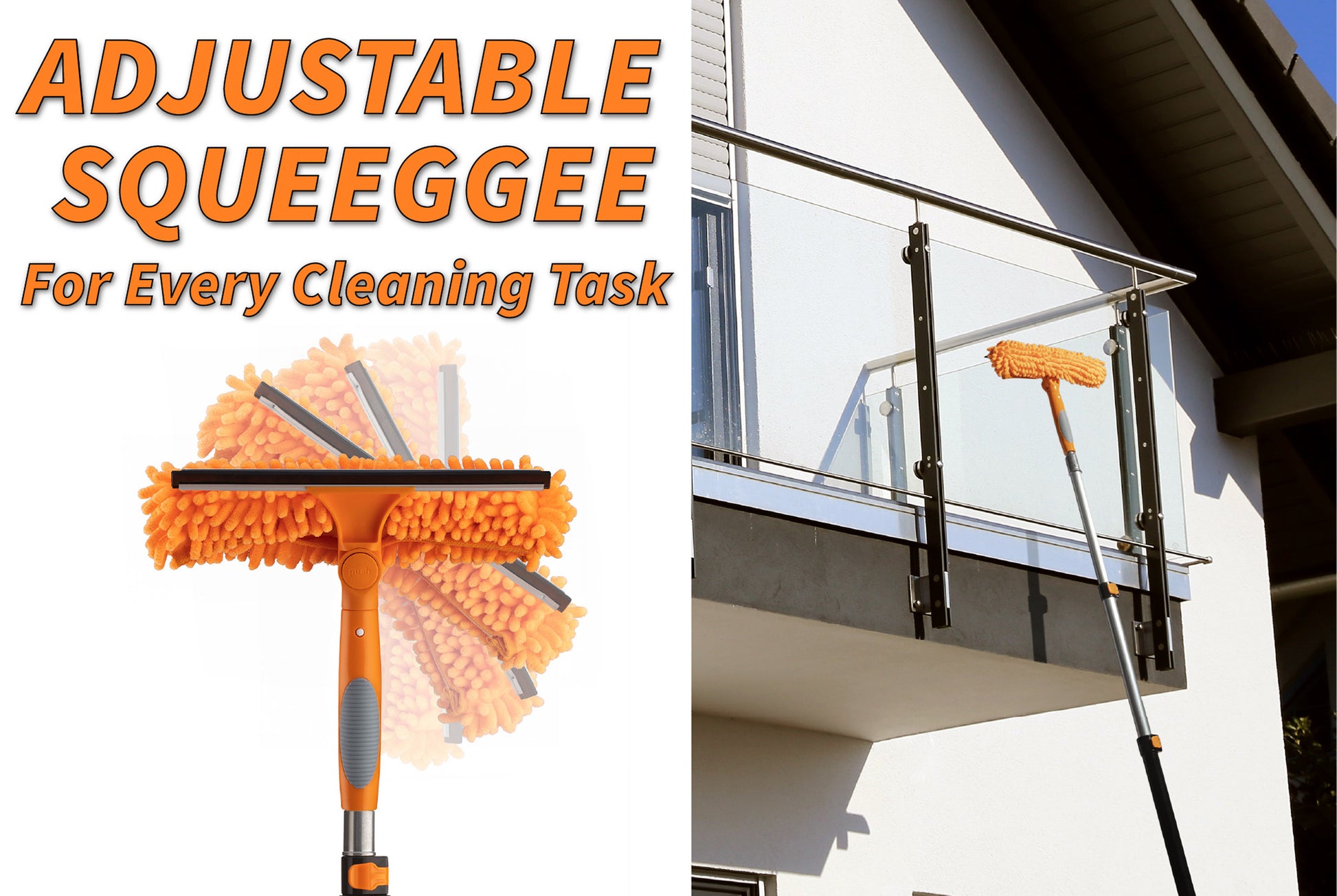 Extend-A-Reach adjustable window squeegee and scrubber with telescoping extension pole, shown cleaning a glass balcony panel. Dual-head design rotates for multiple cleaning angles. Text on image reads: ‘Adjustable Squeegee – For Every Cleaning Task.’
