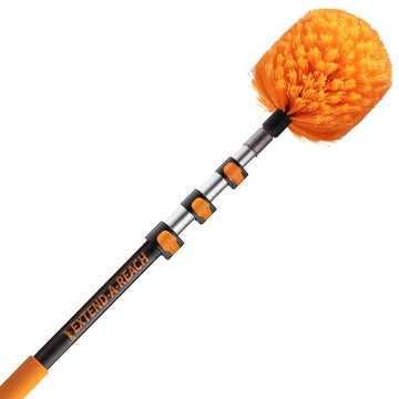 Extend-A-Reach 12 ft telescoping extension pole with bright orange cobweb duster attachment. Spider web brush with extendable pole for cleaning high ceilings, outdoor corners, and hard-to-reach areas without a ladder.
