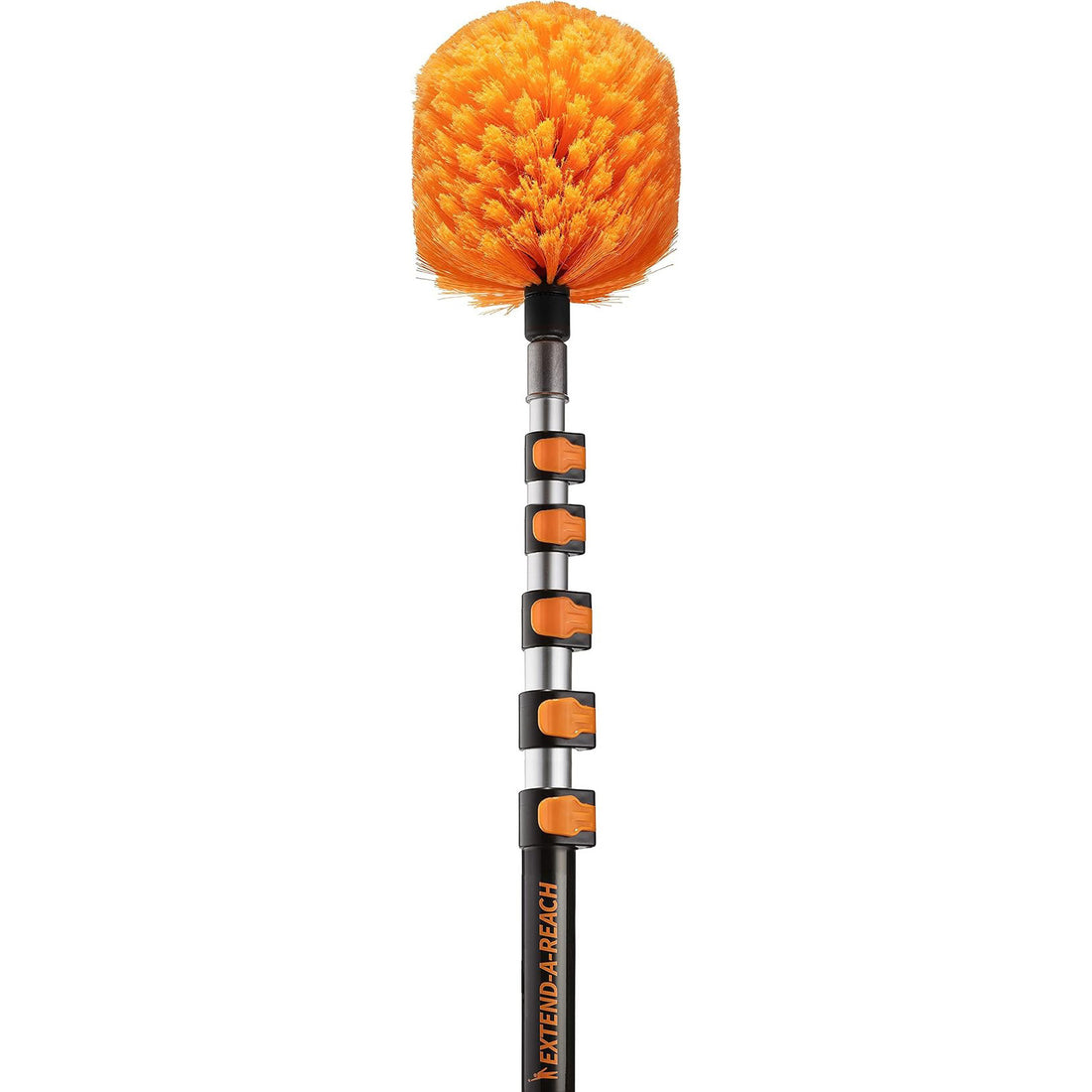 Extend-A-Reach 24 ft telescoping extension pole with bright orange cobweb duster attachment. Spider web brush with extendable pole for cleaning high ceilings, outdoor corners, and hard-to-reach areas without a ladder.
