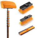 Extend-A-Reach Exterior House Cleaning Brush Set with 30 ft extension pole and 4 attachments: soft wash brush, medium and hard bristle scrub brushes, and window squeegee.
