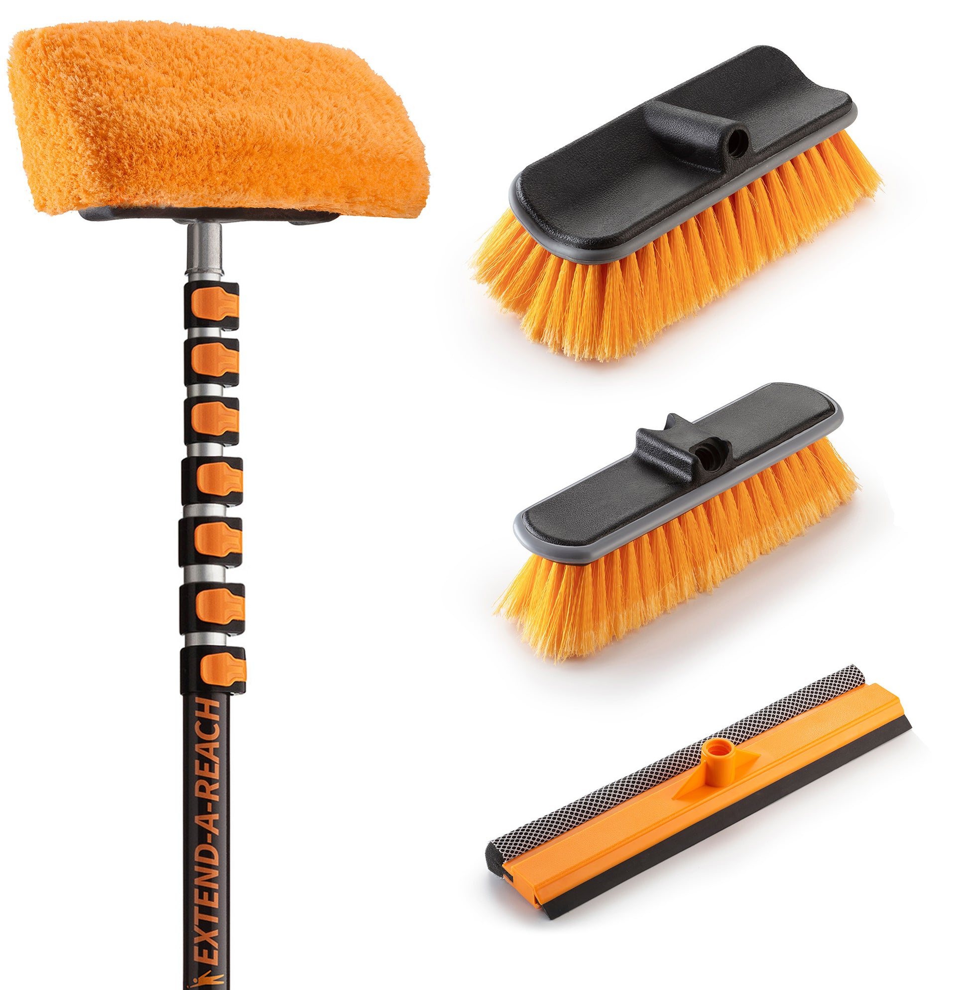 Extend-A-Reach Exterior House Cleaning Brush Set with 30 ft extension pole and 4 attachments: soft wash brush, medium and hard bristle scrub brushes, and window squeegee.