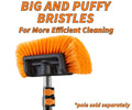 Extend-A-Reach soft bristle scrub brush on telescopic extension pole. Text on image: ‘Big and Puffy Bristles – For More Efficient Cleaning’.