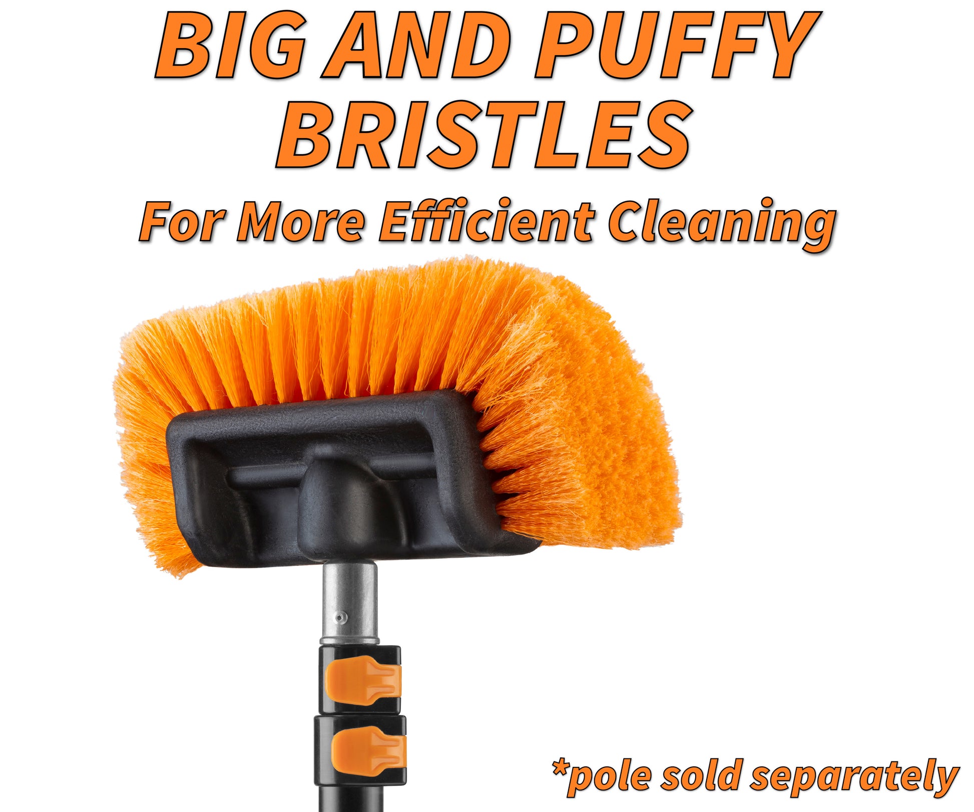 Extend-A-Reach soft bristle scrub brush on telescopic extension pole. Text on image: ‘Big and Puffy Bristles – For More Efficient Cleaning’.