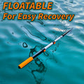 Extend-A-Reach telescoping boat hook pole floating on the water with orange padded handle. Designed as a floatable docking accessory for easy recovery if dropped. Text on image reads: ‘FLOATABLE For Easy Recovery.’