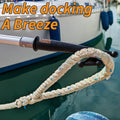 Close-up of Extend-A-Reach telescoping boat hook securing a thick rope loop to a dock cleat. Durable extension pole attachment makes boat docking easy and secure. Text on image reads: ‘Make Docking A Breeze.