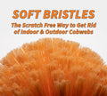 Close-up of the Extend-A-Reach cobweb duster’s soft orange bristles. Text on the image reads “SOFT BRISTLES – The Scratch-Free Way to Get Rid of Indoor & Outdoor Cobwebs,” highlighting the gentle design for safe cleaning on wall corners, ceilings, and delicate surfaces