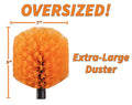 Close-up of the Extend-A-Reach oversized bright orange cobweb duster head measuring 9 inches tall by 7 inches wide. Text on the image reads “OVERSIZED!” at the top and “Extra-Large Duster” on the right. Designed as a high reach spider web brush attachment for extension poles to clean ceilings, corners, and outdoor areas.