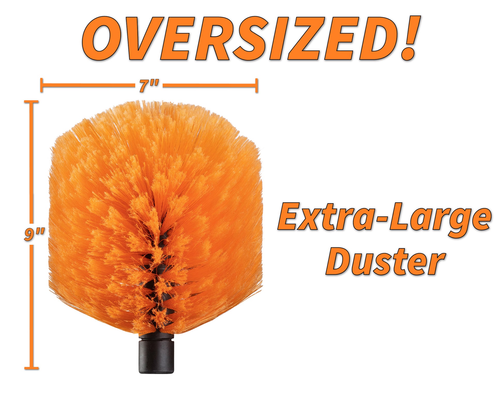 Close-up of the Extend-A-Reach oversized bright orange cobweb duster head measuring 9 inches tall by 7 inches wide. Text on the image reads “OVERSIZED!” at the top and “Extra-Large Duster” on the right. Designed as a high reach spider web brush attachment for extension poles to clean ceilings, corners, and outdoor areas.