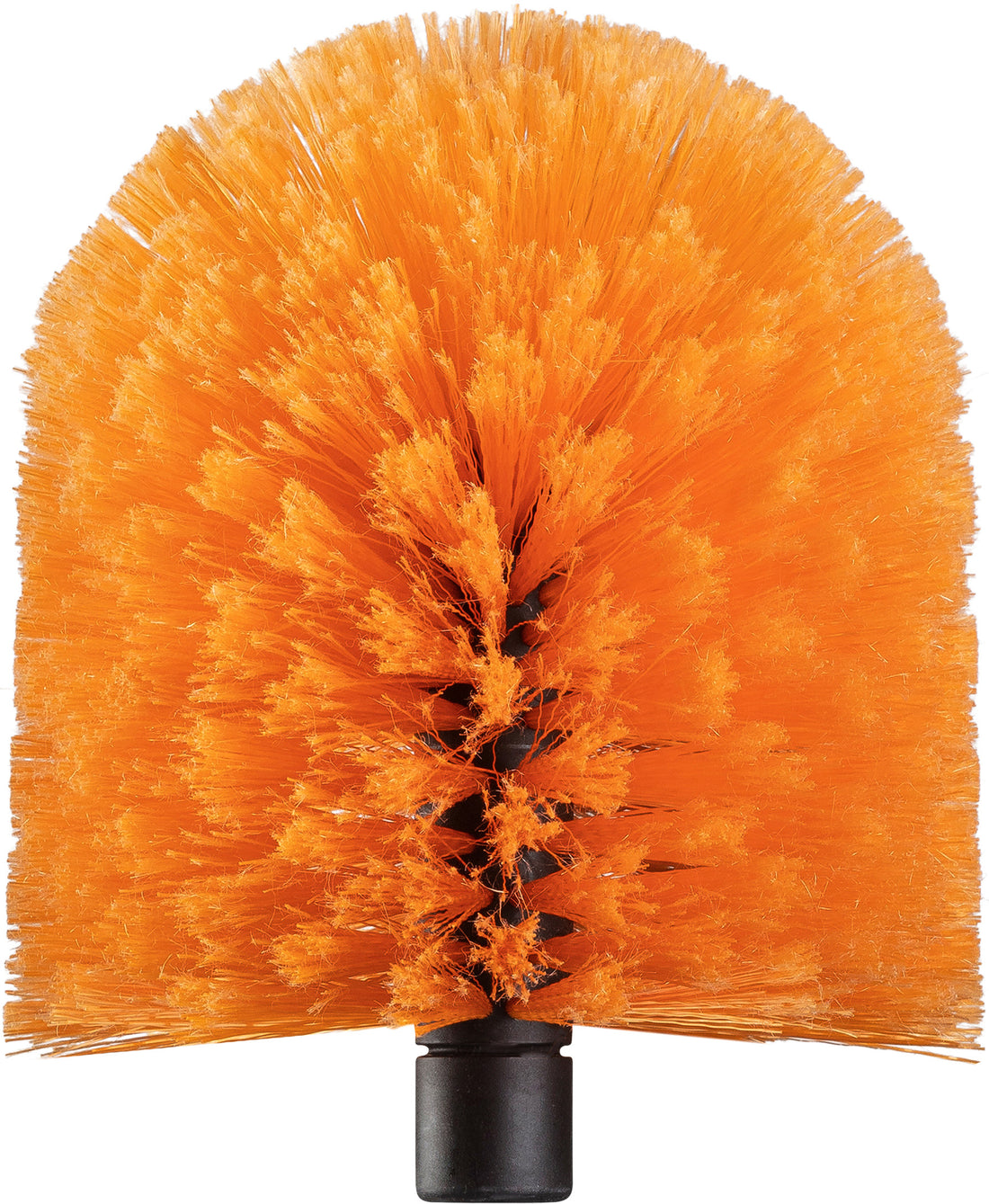 Close-up of the Extend-A-Reach oversized orange cobweb duster head with thick bristles, designed as an attachment for telescoping extension poles to clean spider webs, ceilings, and hard-to-reach areas indoors and outdoors.