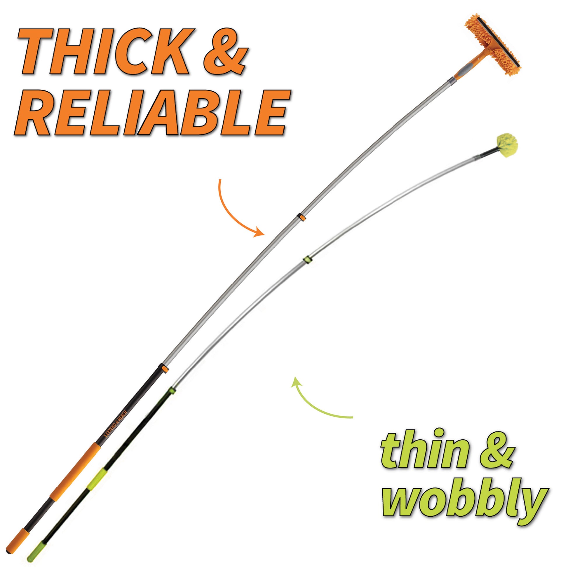 Comparison image showing Extend-A-Reach telescoping window squeegee pole on the left labeled ‘Thick & Reliable,’ built with sturdy construction for high window cleaning, versus a thinner competitor’s pole on the right labeled ‘Thin & Wobbly,’ shown bending at full extension