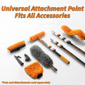 Extend-A-Reach universal telescopic extension pole with cobweb duster, scrub brush, microfiber chenille duster, feather duster, hooks, and squeegee. Text: ‘Universal Attachment Point Fits All Accessories’.