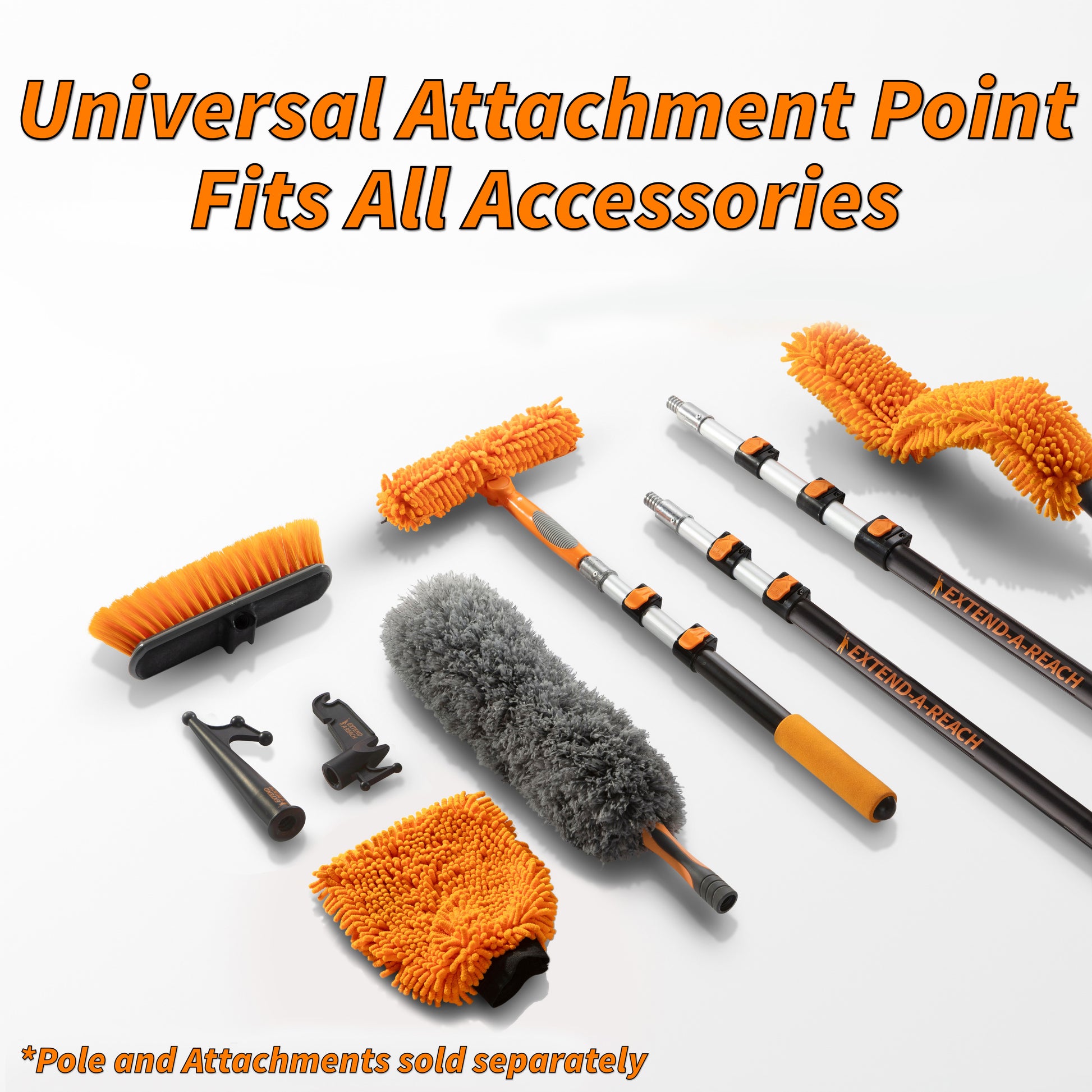 Extend-A-Reach universal telescopic extension pole with cobweb duster, scrub brush, microfiber chenille duster, feather duster, hooks, and squeegee. Text: ‘Universal Attachment Point Fits All Accessories’.