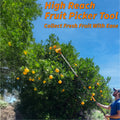 Man using the Extend-A-Reach high reach telescopic fruit picker pole with basket attachment to harvest ripe oranges from a tall fruit tree. Text on image reads: ‘High Reach Fruit Picker Tool – Collect Fresh Fruit With Ease.