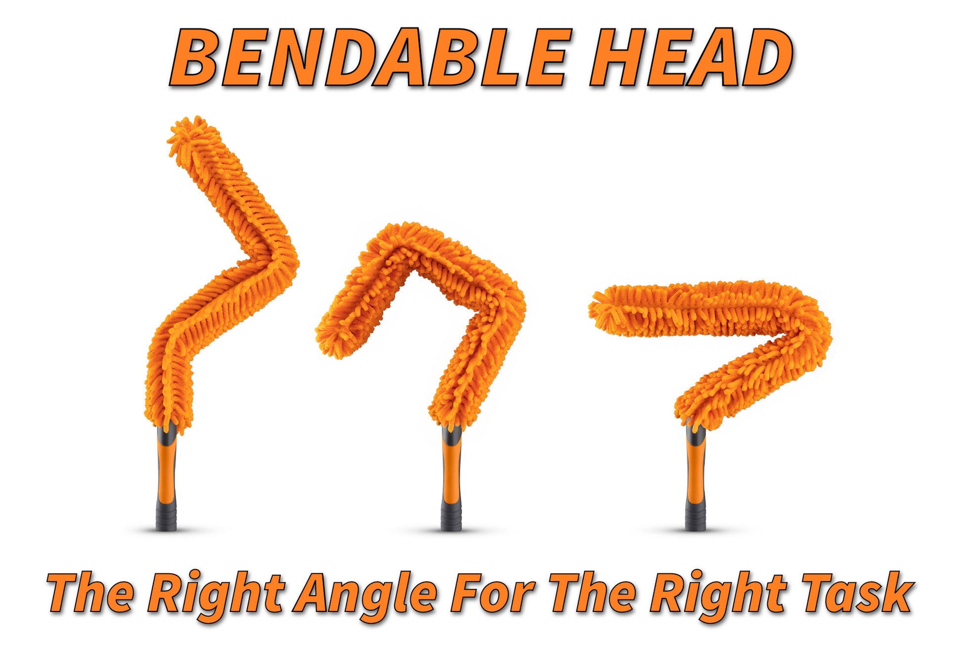 Extend-A-Reach microfiber chenille ceiling fan duster with bendable head shown in multiple angles. Flexible extension duster easily adjusts to clean ceiling fan blades, high shelves, and hard-to-reach areas. Text on image reads: ‘Bendable Head – The Right Angle For The Right Task.