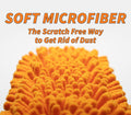 Close-up of Extend-A-Reach soft microfiber window squeegee scrubber pad. Text: ‘The scratch-free way to get rid of dust