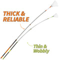 Comparison showing Extend-A-Reach 30 ft telescoping roof rake labeled ‘Thick & Reliable’ vs a competitor’s thin pole labeled ‘Thin & Wobbly.’