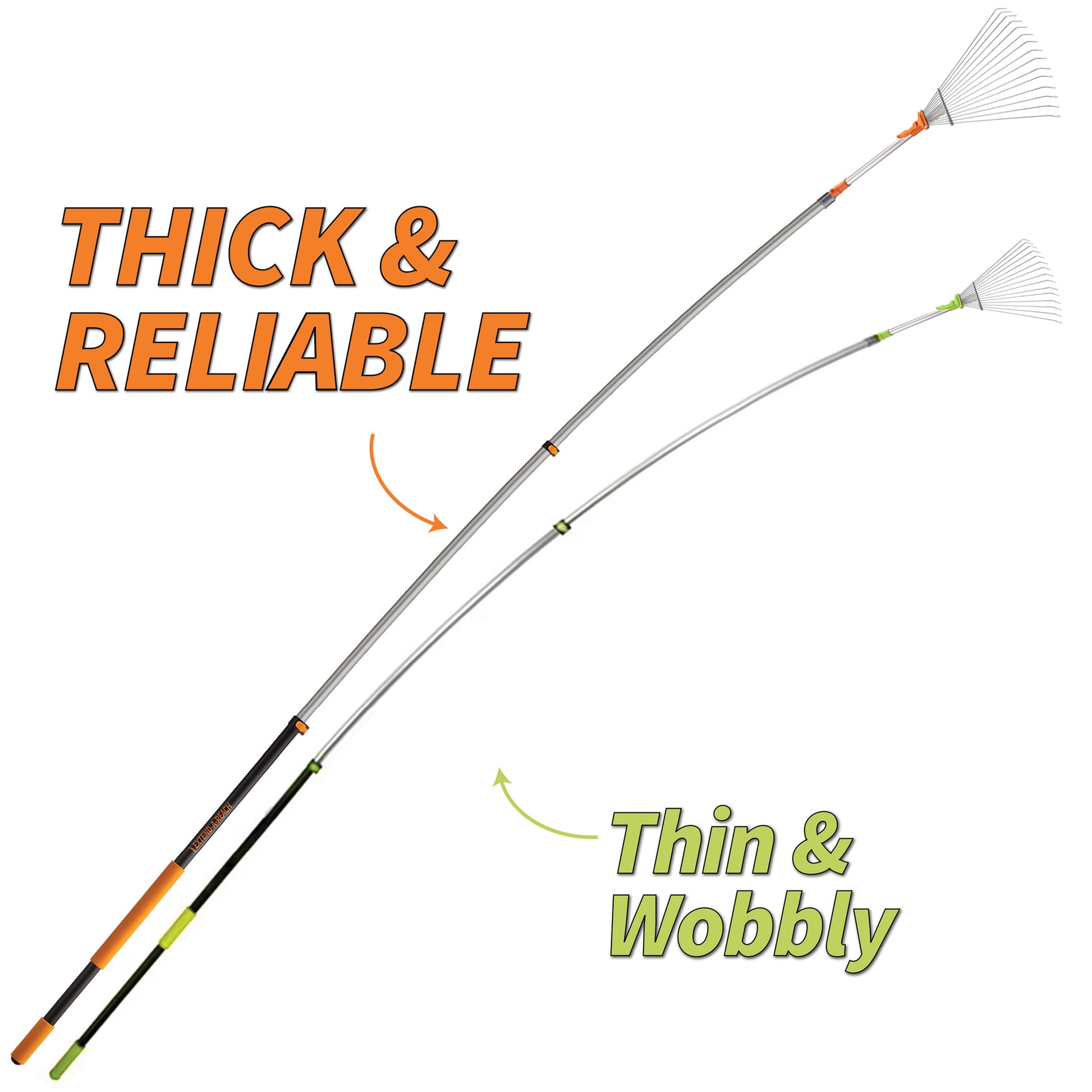 Comparison showing Extend-A-Reach 30 ft telescoping roof rake labeled ‘Thick & Reliable’ vs a competitor’s thin pole labeled ‘Thin & Wobbly.’