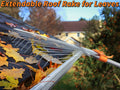 Extend-A-Reach telescopic roof rake & leave for leaves and pines, clearing autumn debris from house roof and gutters. Text: ‘Extendable Roof Rake for Leaves.