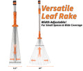 Extend-A-Reach versatile leaf rake attachment, width adjustable 5.5–16 in. Text: ‘Versatile Leaf Rake – Width Adjustable! For Small Spaces & Wide Coverage’.