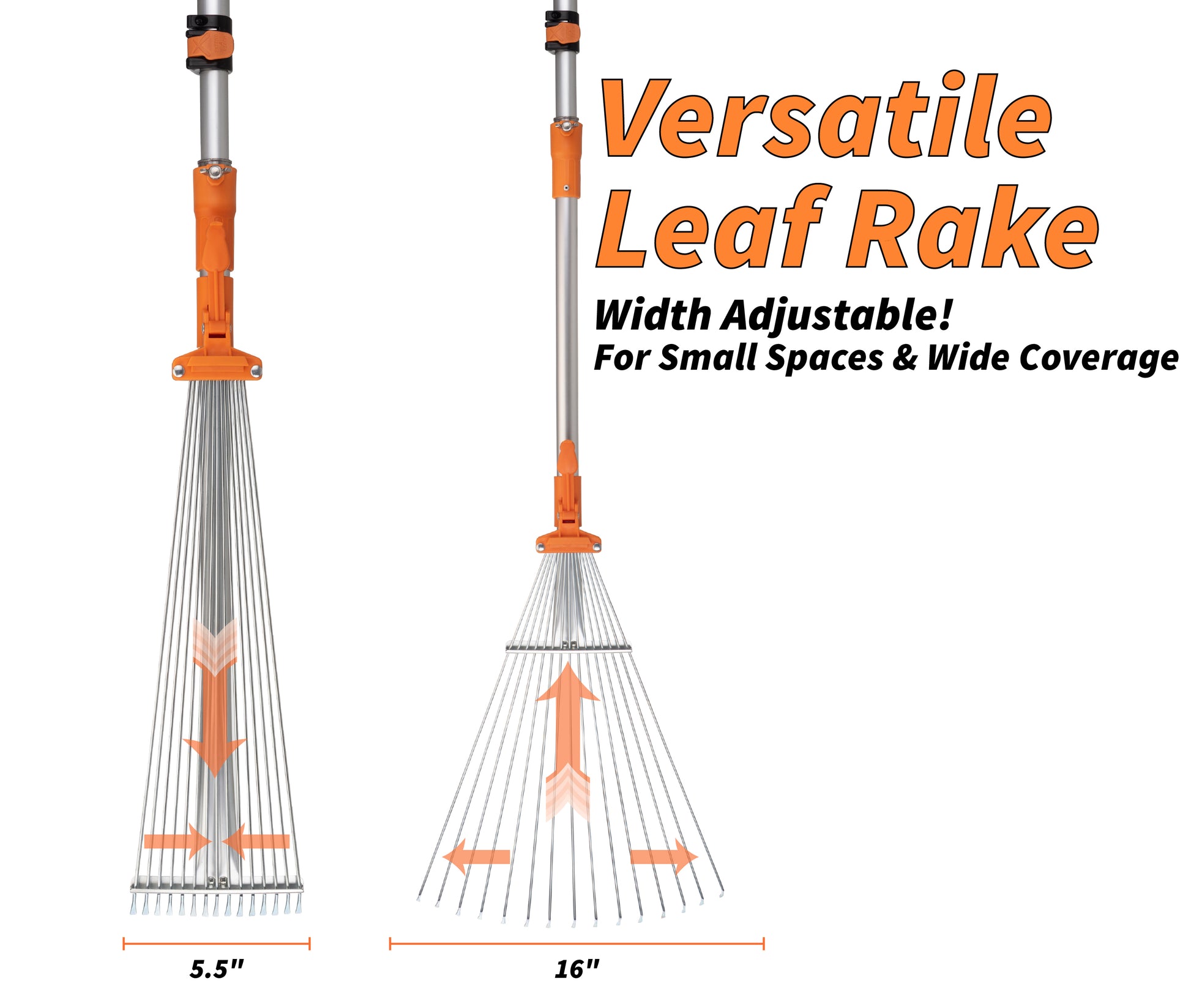 Extend-A-Reach versatile leaf rake attachment, width adjustable 5.5–16 in. Text: ‘Versatile Leaf Rake – Width Adjustable! For Small Spaces & Wide Coverage’.