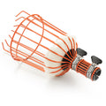 Orange metal fruit picker basket attachment with a white foam pad and dual metal clamps for secure connection to a telescopic extension pole. Designed for long-reach harvesting of apples, avocados, and other tree fruits without a ladder
