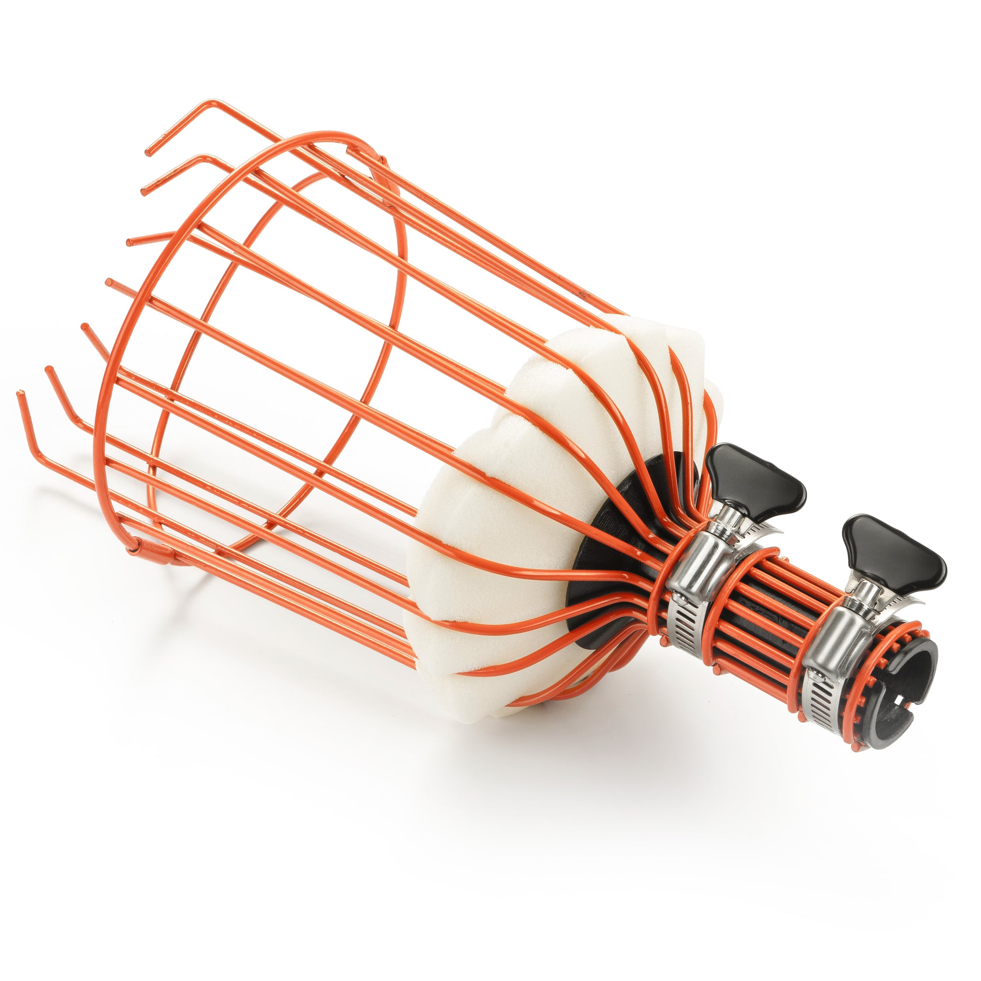 Orange metal fruit picker basket attachment with a white foam pad and dual metal clamps for secure connection to a telescopic extension pole. Designed for long-reach harvesting of apples, avocados, and other tree fruits without a ladder