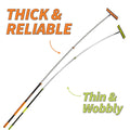 Comparison image: Extend-A-Reach telescoping window squeegee pole labeled ‘Thick & Reliable’ vs thinner competitor pole labeled ‘Thin & Wobbly’ bending at full extension.