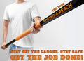 A person holding the 12ft long Extend-A-Reach telescopic extension pole, featuring a black shaft with bold orange branding and an orange foam grip. The image displays the text “STAY OFF THE LADDER. STAY SAFE. GET THE JOB DONE!”—highlighting the pole’s safe, ladder-free design for high-reach tasks