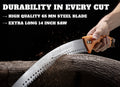 Close-up of a hand using the Extend-A-Reach manual saw with a 14-inch blade to cut through a thick tree limb. The image features the text “Durability in Every Cut,” highlighting the high-quality 65 Mn steel blade. This pruning saw is designed for professional use on trees and heavy-duty yard work