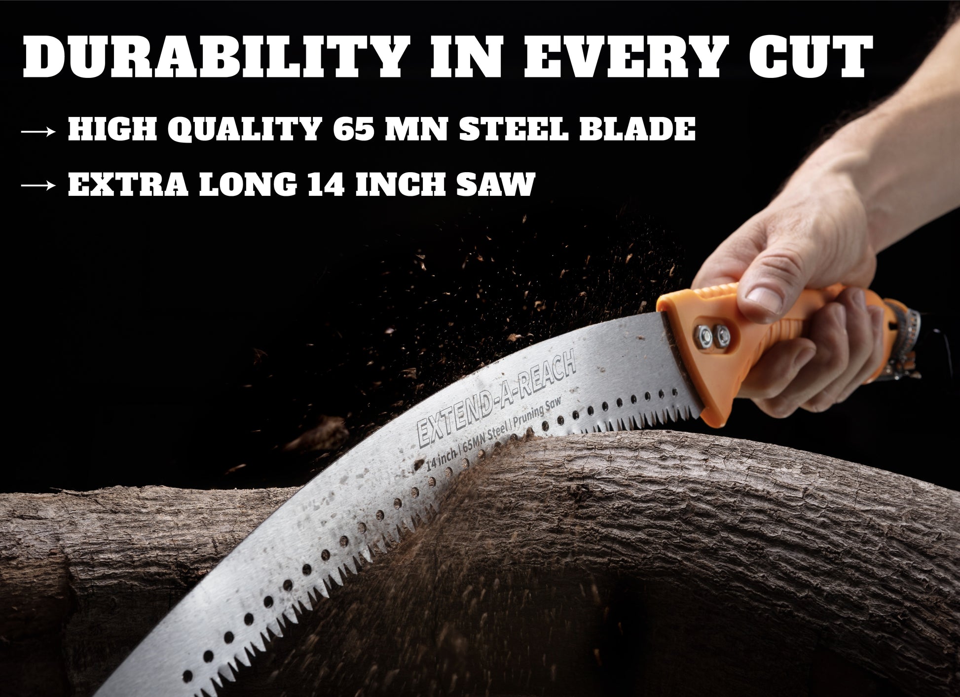 Close-up of a hand using the Extend-A-Reach manual saw with a 14-inch blade to cut through a thick tree limb. The image features the text “Durability in Every Cut,” highlighting the high-quality 65 Mn steel blade. This pruning saw is designed for professional use on trees and heavy-duty yard work