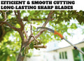 Extend-A-Reach manual telescopic pole saw cutting through a tree branch with a long, curved blade. The image displays the text “Efficient & Smooth Cutting – Long-Lasting Sharp Blades”
