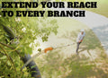 A person using the Extend-A-Reach manual pole saw with a 24 ft telescopic extension pole to trim a high tree limb. The image includes the text “Extend Your Reach to Every Branch”. This professional  pole saw is ideal for pruning hard-to-reach branches, palm trees, and thick limbs