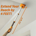 Hand holding an Extend-A-Reach telescoping extension pole with bright orange cobweb duster cleaning the corner of a ceiling. An orange measurement line shows the pole extending from 1.5 feet to 4 feet. Text on the image reads “Extend Your Reach by 4 FEET!” highlighting the adjustable design for cleaning spider webs, ceilings, and hard-to-reach areas.
