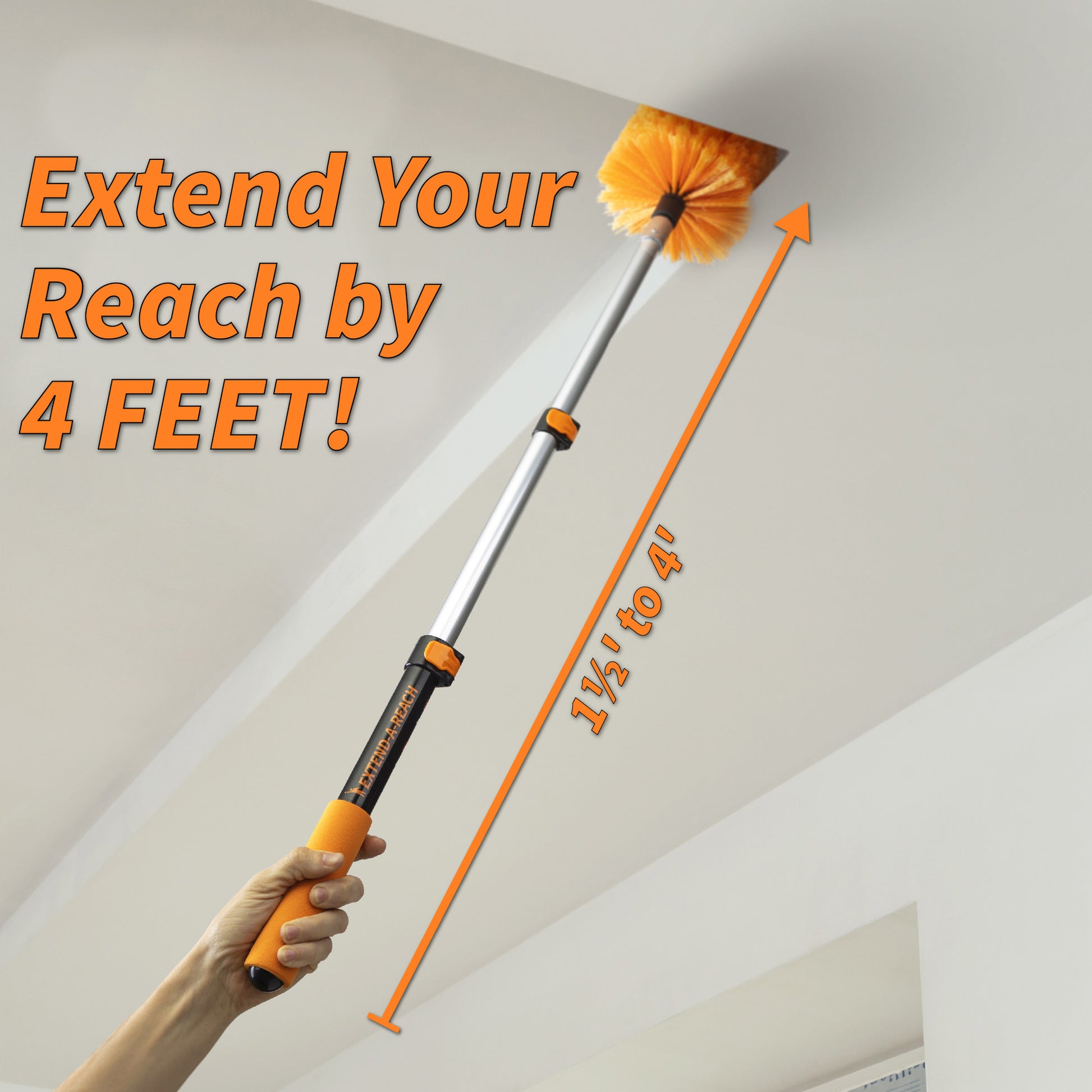Hand holding an Extend-A-Reach telescoping extension pole with bright orange cobweb duster cleaning the corner of a ceiling. An orange measurement line shows the pole extending from 1.5 feet to 4 feet. Text on the image reads “Extend Your Reach by 4 FEET!” highlighting the adjustable design for cleaning spider webs, ceilings, and hard-to-reach areas.